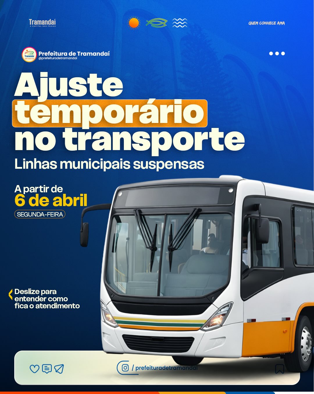 A Prefeitura de Tramandaí informa que, a partir desta segunda-feira (06/04), as linhas do transporte público municipal estão temporariamente suspensas, devido ao racionamento no abastecimento de diesel.