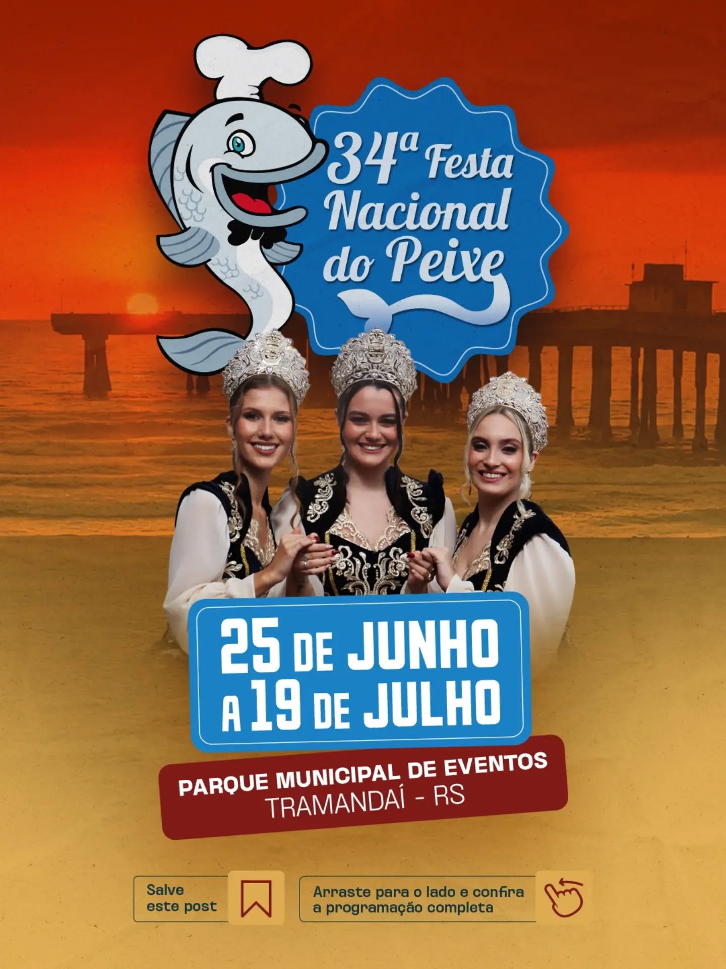 A 34ª Festa Nacional do Peixe preparou uma programação especial, com atrações para todos os públicos: shows nacionais e locais, apresentações culturais, feira de artesanato, gastronomia típica, exposições, programação religiosa e a tradicional tainha assada na brasa, o grande símbolo do evento.