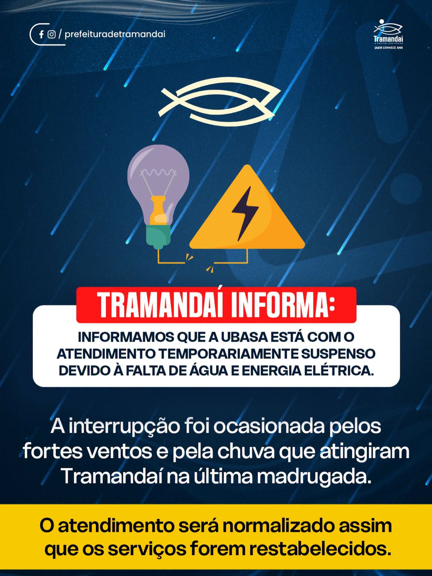 Devido aos fortes ventos e à chuva intensa que atingiram nossa cidade durante a madrugada, a UBASA está com o atendimento temporariamente suspenso por conta da falta de água e de energia elétrica.