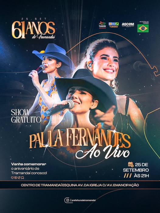 A Prefeitura de Tramandaí preparou uma programação especial para marcar mais um aniversário da nossa cidade. E para tornar essa data ainda mais especial, teremos um grande show gratuito com Paula Fernandes! 