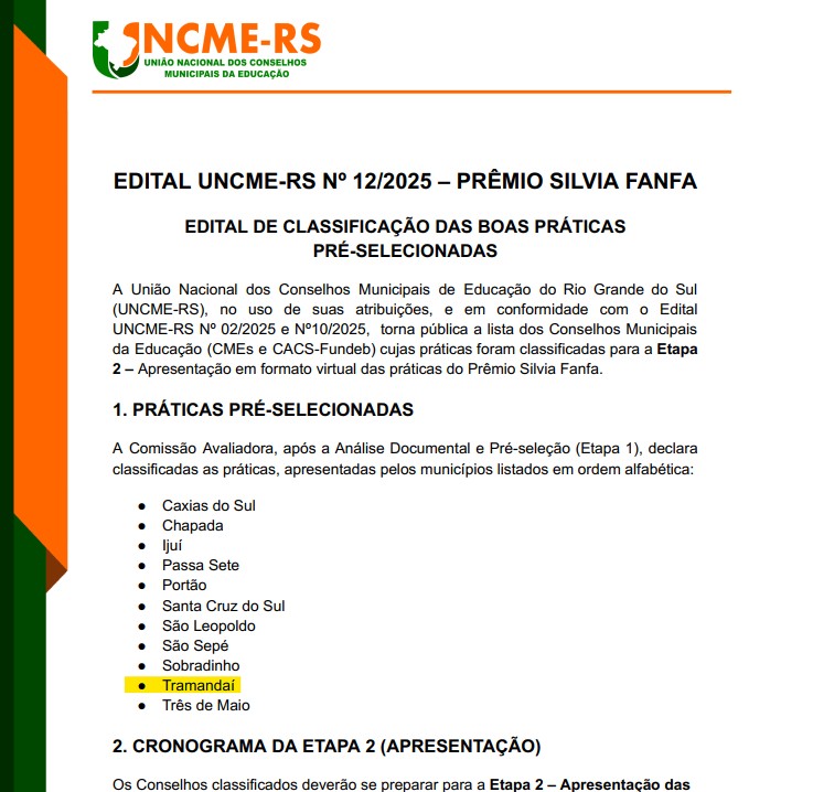 CME TRAMANDAÍ É PRÉ-SELECIONADO PARA O PRÊMIO SILVIA FANFA UNCME-RS!