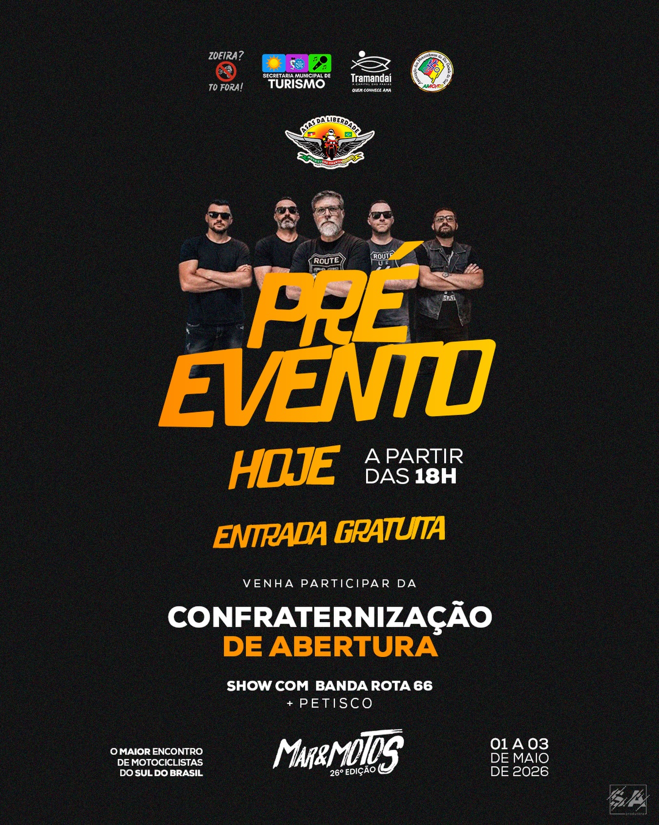 A partir das 18h, os portões do Parque Municipal de Eventos estarão abertos para o pré-evento de abertura da 26ª edição do Mar & Motos em Tramandaí.