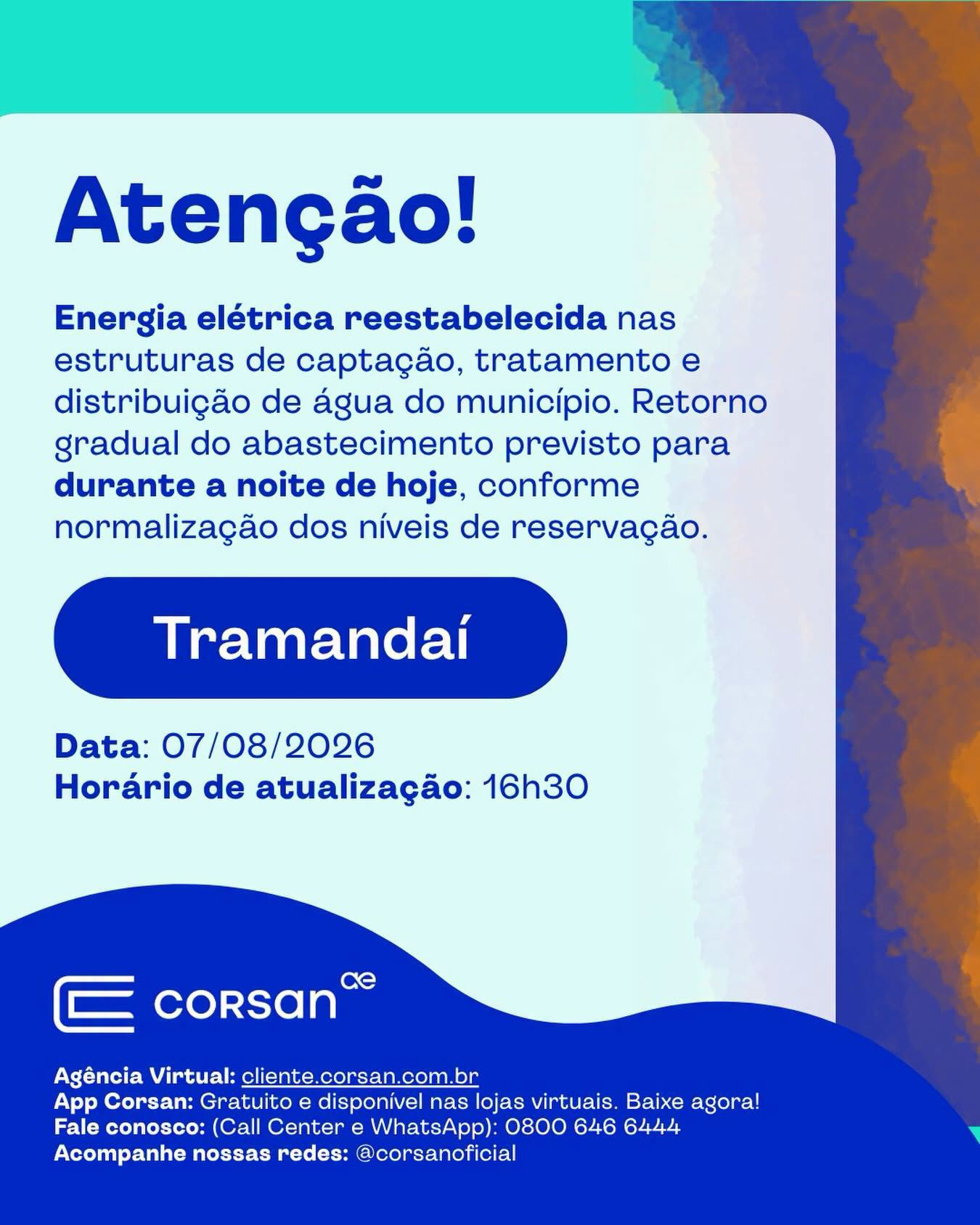 A Prefeitura de Tramandaí informa à população que o desabastecimento de água registrado no município é decorrente de uma ocorrência operacional da Corsan, empresa responsável pelos serviços de captação, tratamento e distribuição de água.
